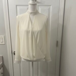 Thalia Sodi Ivory Studded Mock-Neck Wrap Blouse